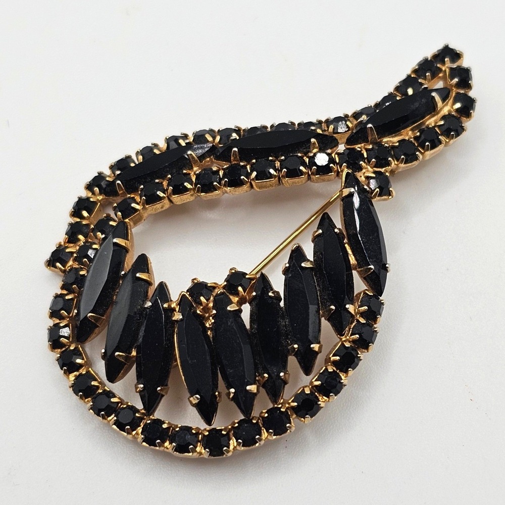 Vtg Black Rhinestone Brooch Gold Tone Navette Prong 2" Pin Statement Mid-Century